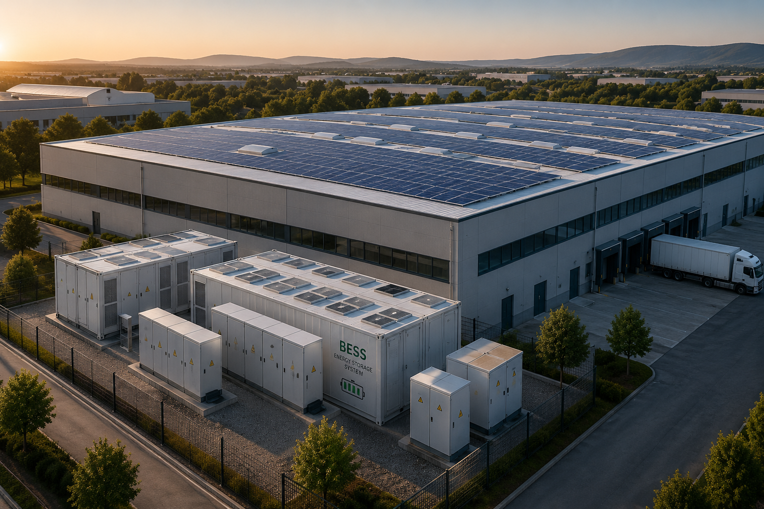 Nave industrial con placas solares y sistema de almacenamiento BESS