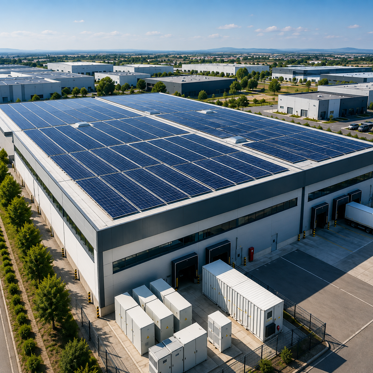 Only Green Energy · Fotovoltaica · PPA · BESS + IA · Alquiler de cubiertas Nave industrial con placas solares en cubierta y sistema BESS de almacenamiento energético