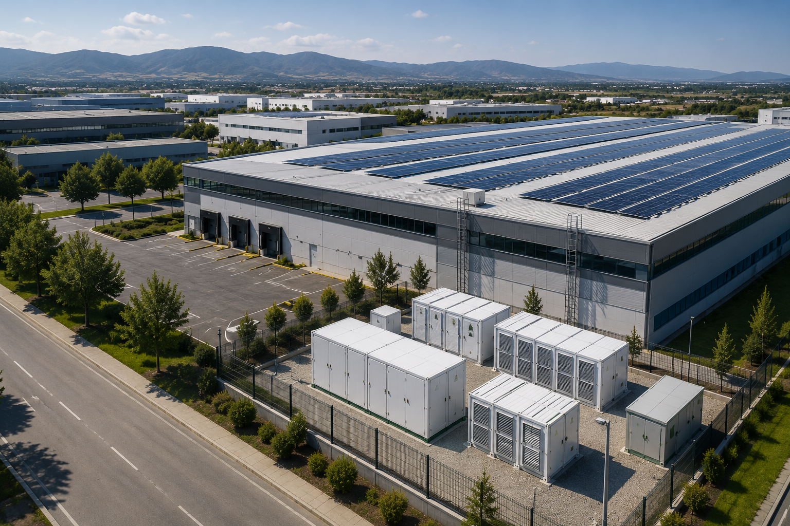 Nave industrial con placas solares y sistema de almacenamiento BESS