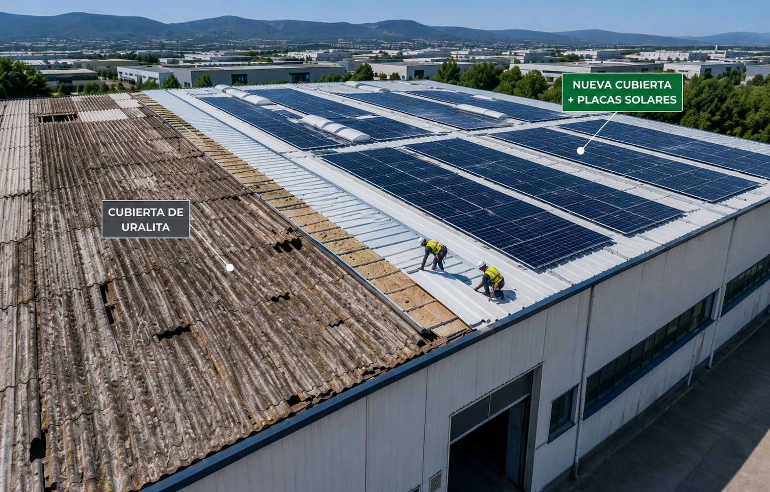 Sustitución de cubierta de Uralita por nueva cubierta con placas solares en una nave industrial