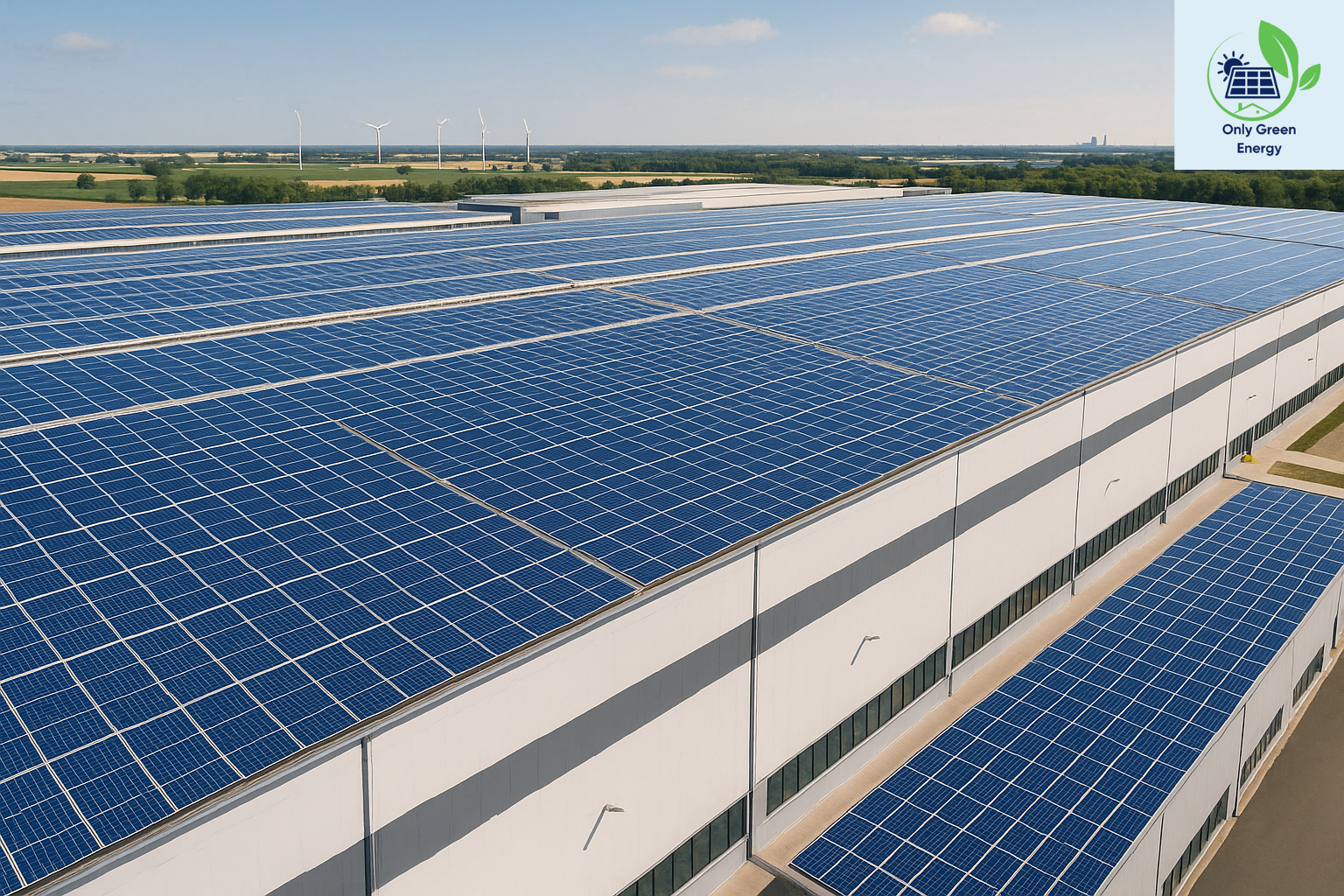 Vista aérea de una nave industrial con paneles solares instalados en el tejado.