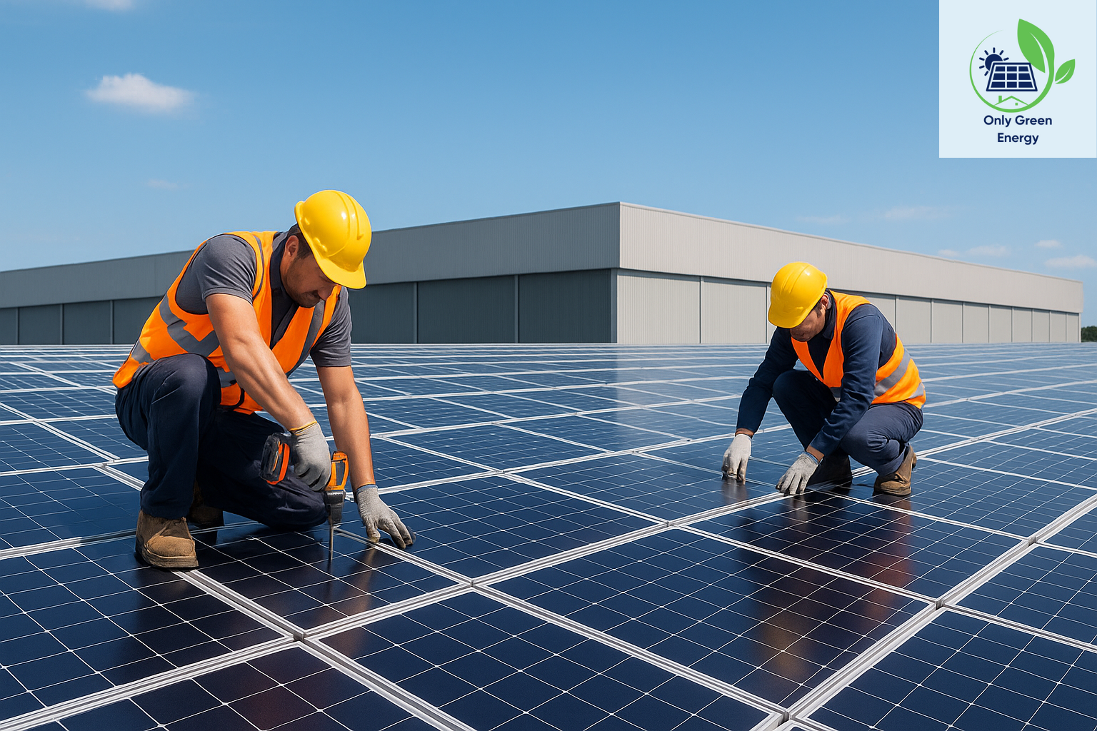 Only green Energy Especialistas en Alquiler de Techos de Naves Industriales 02. Instaladores trabajando en sistema solar fotovoltaico Técnicos instalando paneles solares en el tejado de una nave industrial.