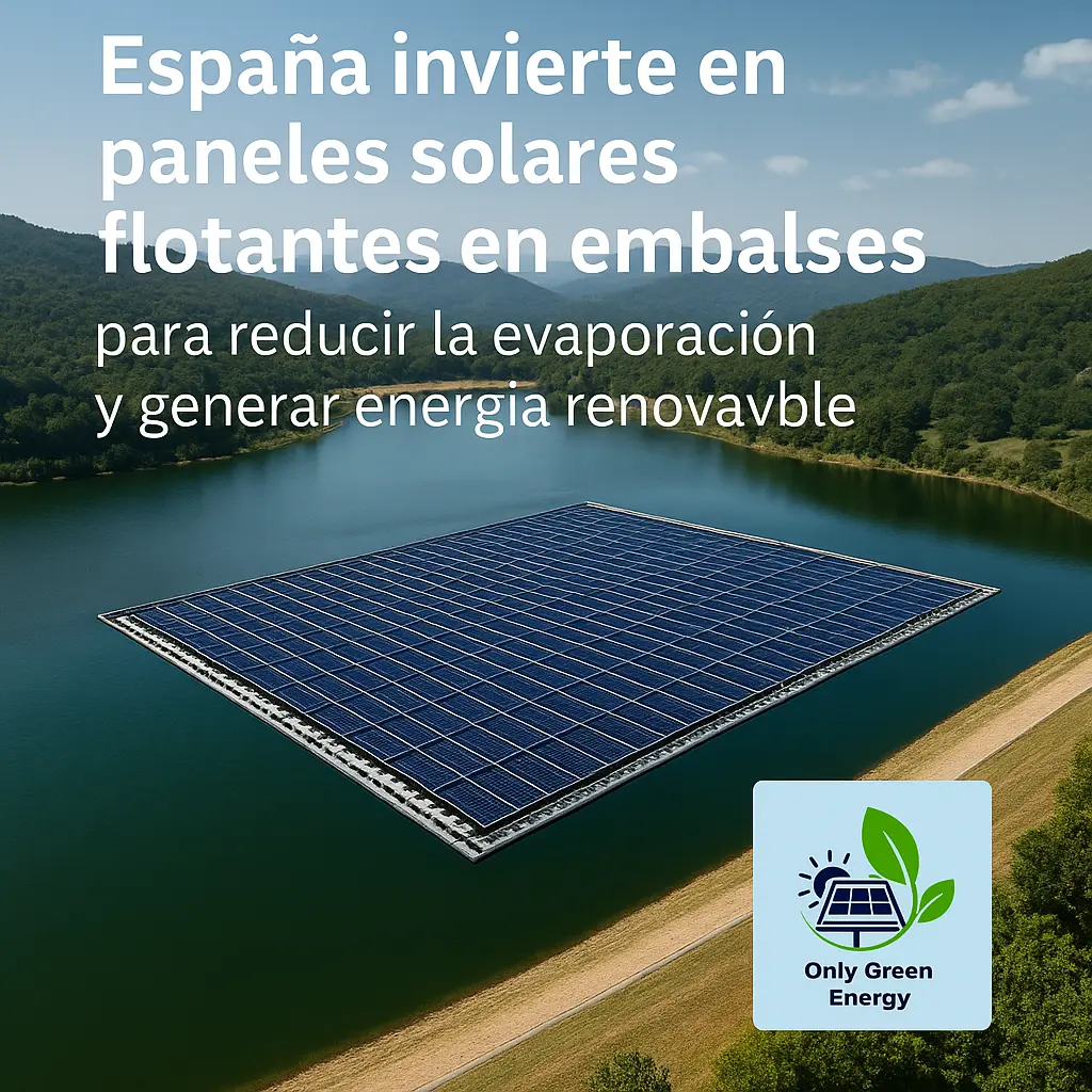 Paneles solares flotantes instalados sobre un embalse en España para generar energía renovable y reducir la evaporación del agua.